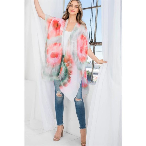 Boutique Sweaters - Pink Green Sunburst Print Tie Dye Open Front Kimono